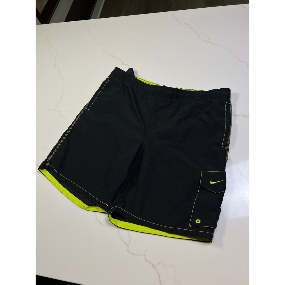Nike Board Shorts Mens Black Neon Yellow Cargo Swim Trunks M